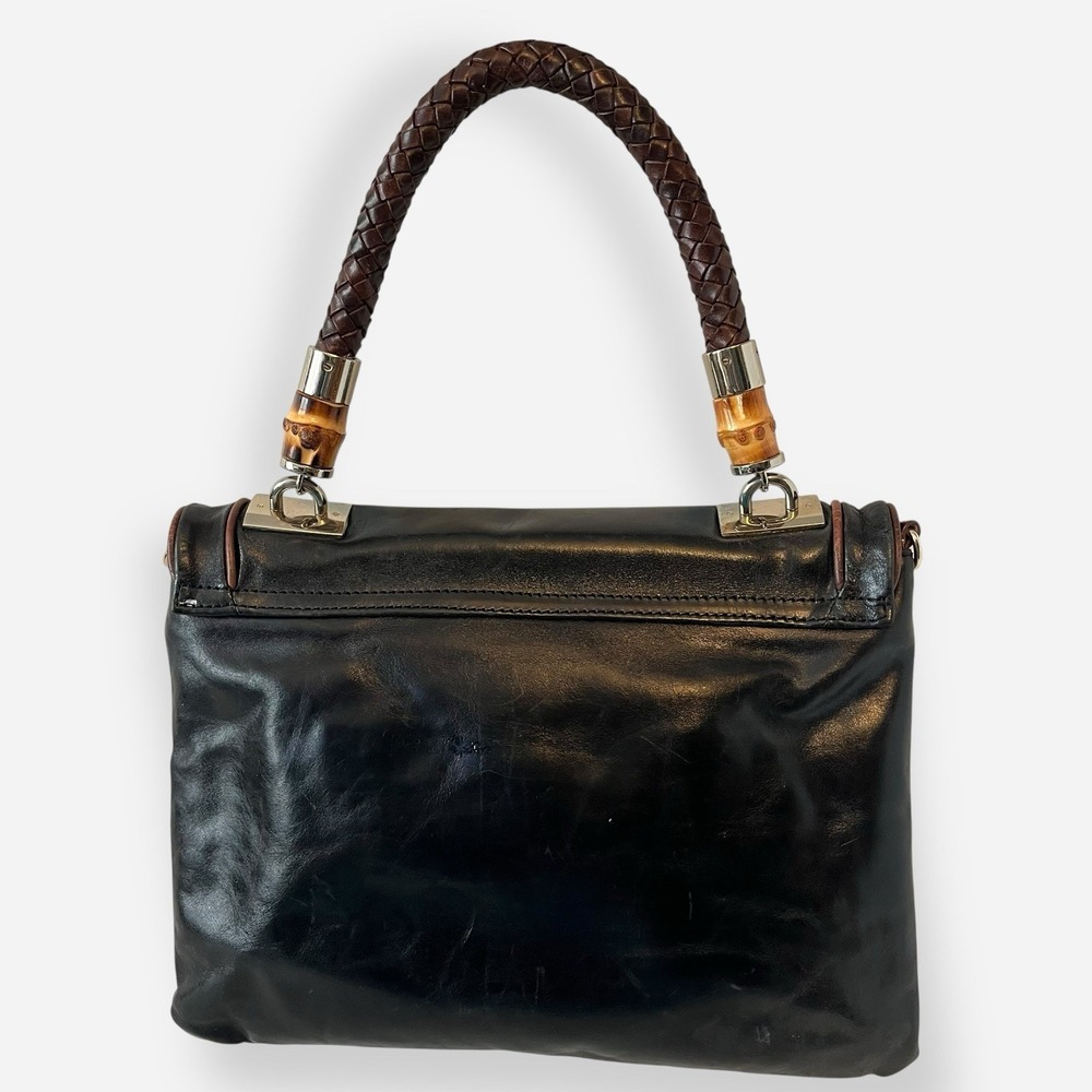Vintage Elaine Turner Leather Shoulder Bag Black Brown Bamboo Woven Straps - Picture 3 of 10